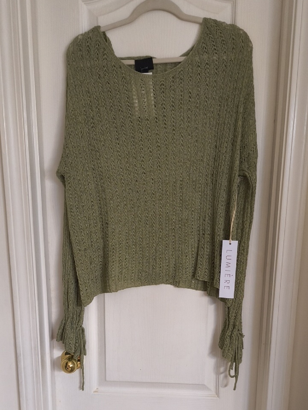 Lumiere Olive Openwork Knit Crewneck Sweater
